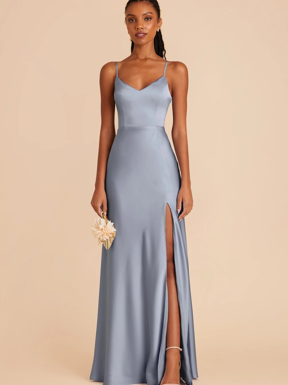 Birdy Grey Matte Satin Dusty Blue Spaghetti-Strap Formal Dress in Dusty Blue